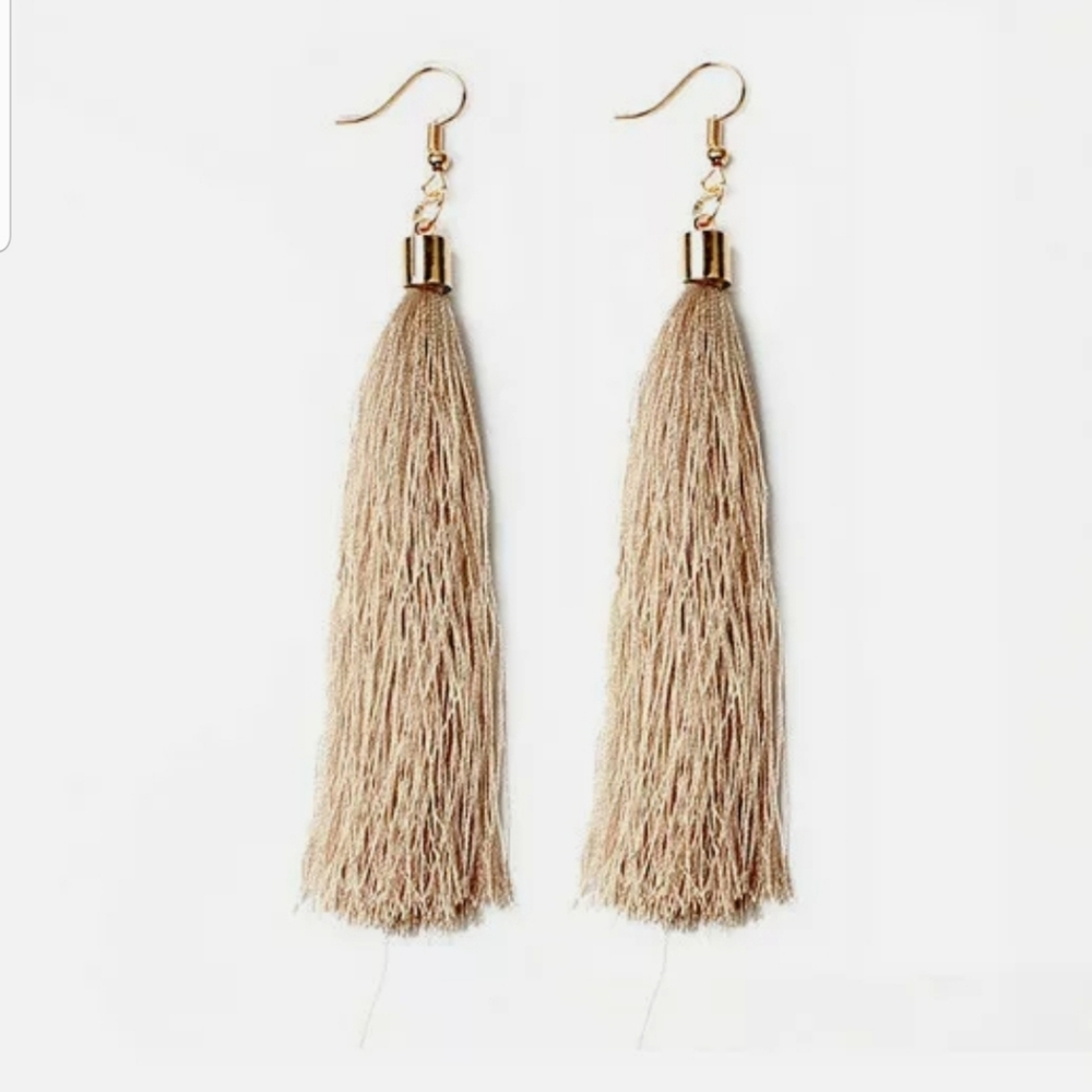 LONG TAN TASSEL EARRINGS GOLD TONE HOOK